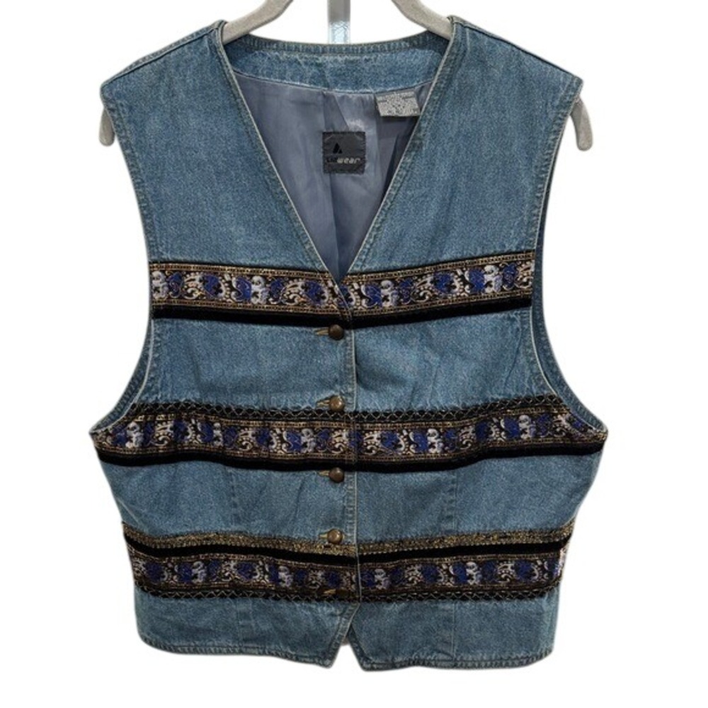 Lizwear Denim Vest L Embroidered Trim Blue Jean Western Boho‎ Festival Layering